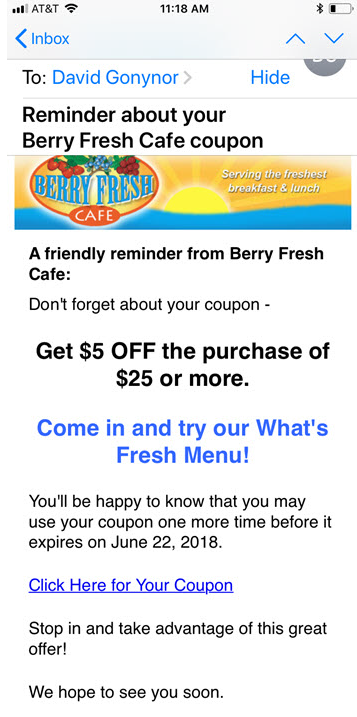 Digital coupon reminder email